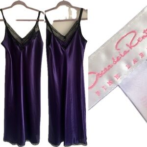 Vintage 90s Oscar de la Renta Purple Satin slip black lace trim Nightgown Medium